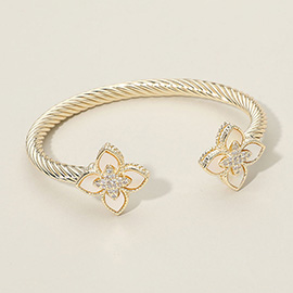 14K Gold Plated CZ Stone Paved Center Mother of Pearl Floral Clover Tip Cuff Bracelet