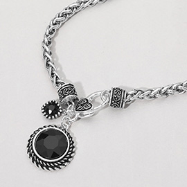 Round Stone Pendant Antique Metal Necklace