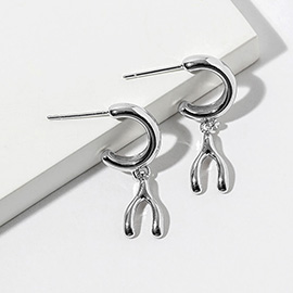 White Gold Dipped Wishbone Drop Dangle Mini Hoop Earrings