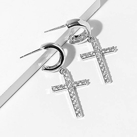 Gold Dipped CZ Stone Paved Cross Drop Dangle Mini Hoop Earrings