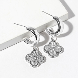 White Gold Dipped CZ Stone Paved Quatrefoil Drop Dangle Mini Hoop Earrings