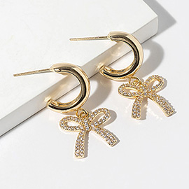 Gold Dipped CZ Stone Paved Bow Drop Dangle Mini Hoop Earrings