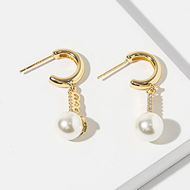 Gold Dipped CZ Bar Pearl Drop Mini Hoop Earrings
