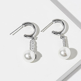 Gold Dipped CZ Bar Pearl Drop Mini Hoop Earrings