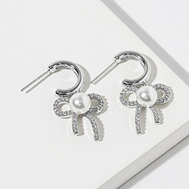 Gold Dipped Pearl Center CZ Paved Bow Drop Mini Hoop Earrings