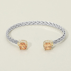 14K Gold Plated CZ Stone Tip Two Tone Braided Cuff Bracelet