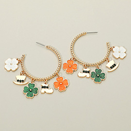 St Patricks Hat Shamrock Charm Drop Embellished Hoop Earrings