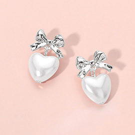 Bow Pearl Heart Drop Dangle Earrings