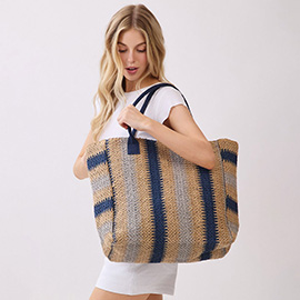 Natural Multi Color Stripe Straw Tote Bag