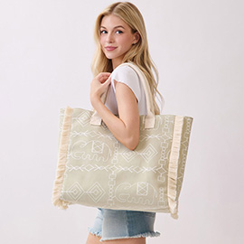 Boho Geometric Elephant Print Fringe Tote Bag
