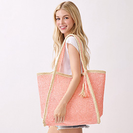 Tassel Accent Two Tone Woven Straw Tote Bag