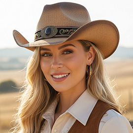 Boho Oval Stone Accent Ornate Faux Leather Band Distressed Straw Western Cowboy Hat