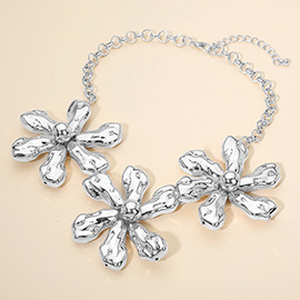 Triple Puffy Metal Flower Link Statement Necklace